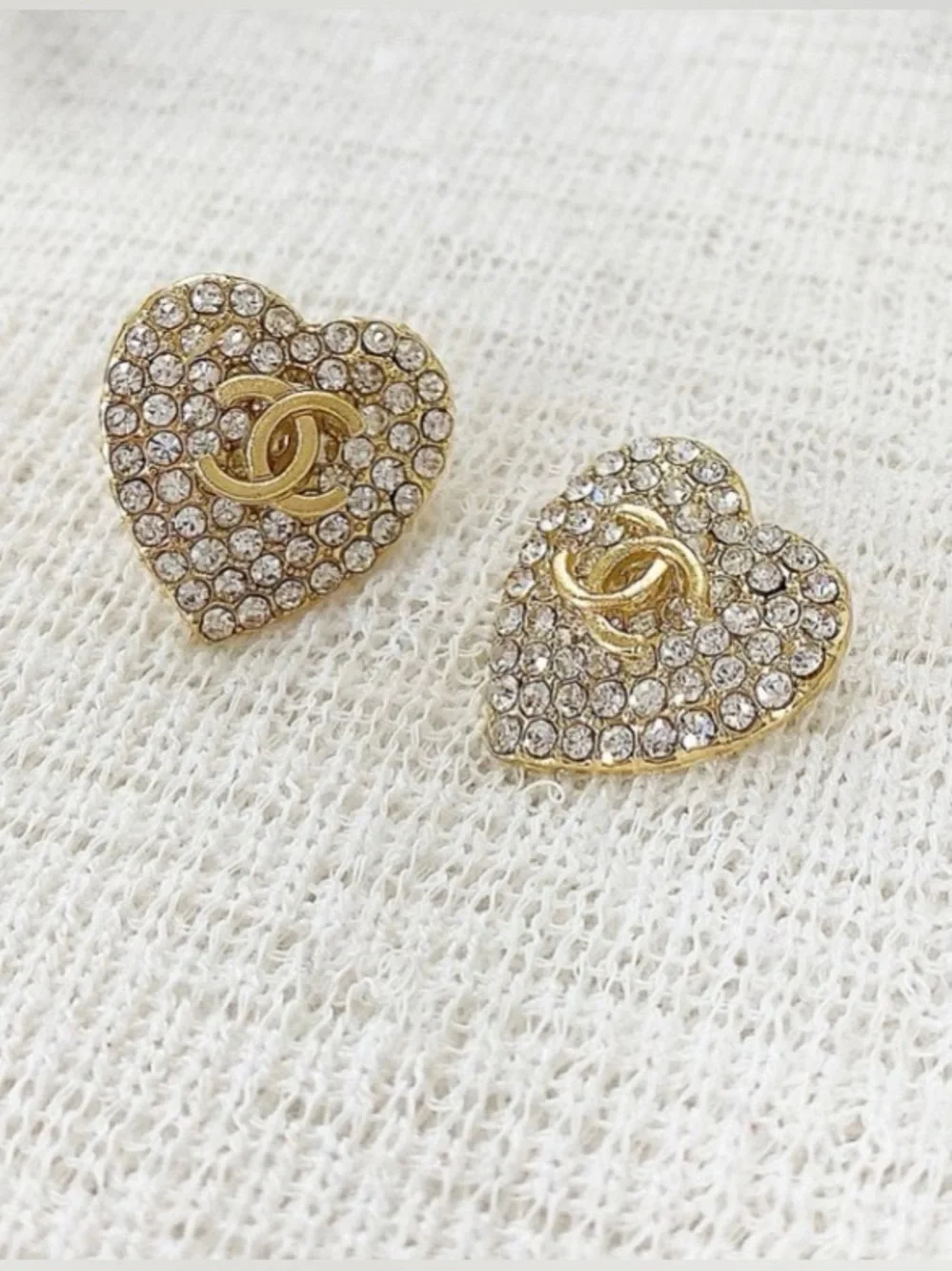Fashion CHAN3L Gold Heart Crystal Logo Earrings